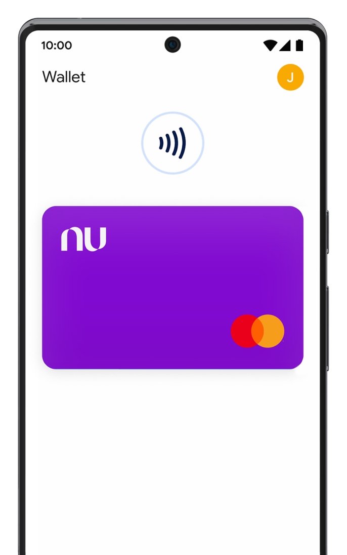 Un celular muestra la app Nu con la tarjeta morada dentro de Google Pay